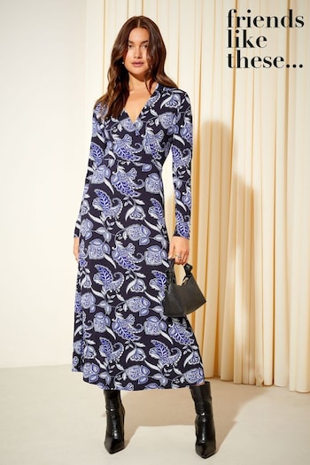 Gifts Under £15 Blue Long Sleeve Midaxi Collared Jersey Wrap Dress (K25850) | £40