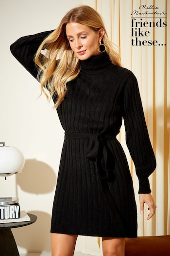 Friends Like These Black Ribbed Roll Neck Belted Long Sleeve Mini Dress (K25861) | £40