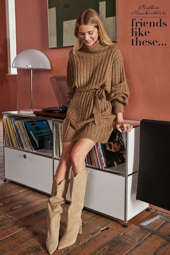 Friends Like These Camel Ribbed Roll Neck Belted Long Sleeve Mini Dress (K25862) | £40