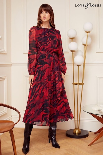 Love & Roses Red/Black Animal Printed Belted Pleated Long Sleeve Midi Dress (K25935) | £52