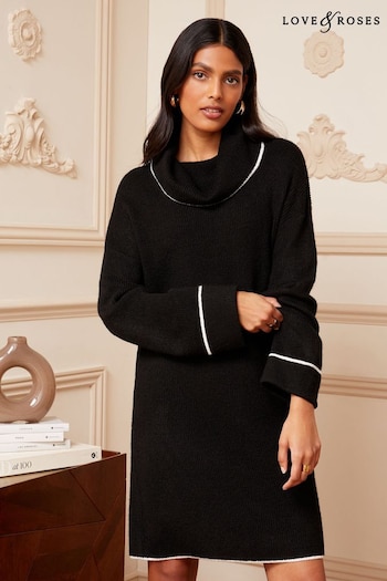 Love & Roses Black Contrast Roll Neck Cable Knitted Jumper Dress (K25937) | £52