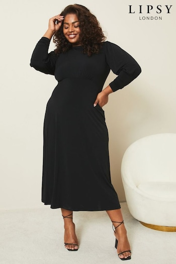 Lipsy Black Curve Jersey Long Puff Sleeve Midi Dress (K25945) | £48