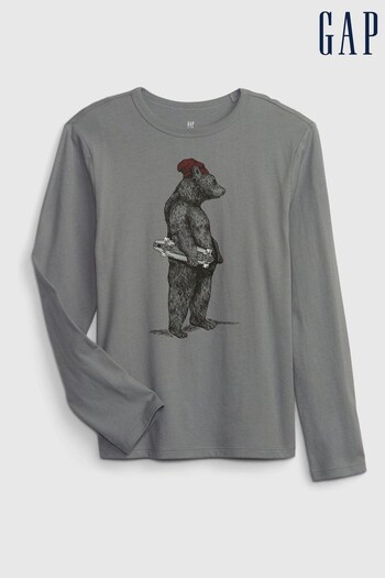 Gap Grey Organic Cotton Graphic Long Sleeve T-Shirt (K25971) | £10