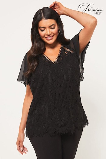 Lipsy Black Curve Flutter Sleeve Lace Top (K26100) | £52