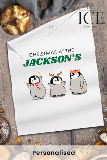 Persoanlised Christmas Penguin Tea Towel by Ice London (K26595) | £12