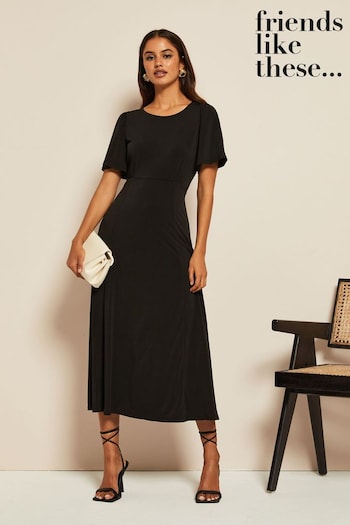 Friends Like These Black Flutter Sleeve Round Neck Midi Dress (K26783) | £36