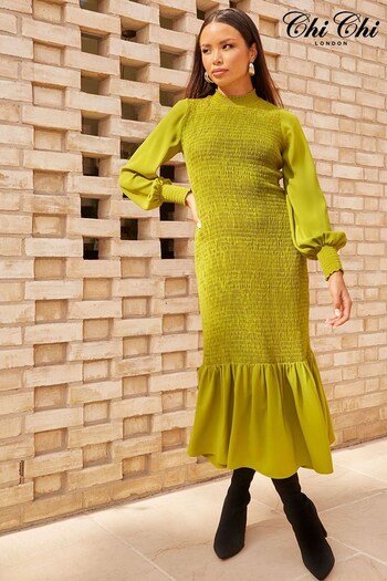 Chi Chi London Green Long Sleeve Shirred Maxi Dress (K26835) | £58