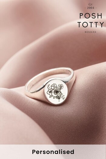 Engraved Birth Flower Initials Signet by Posh Totty (K26879) | £65