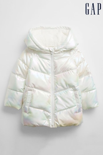 Gap White Iridescent Water Resistant Cold Control Quilted Puffer Coat (K27351) | £36