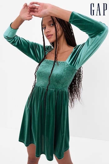 Gap Green Smocked Velvet Long Sleeve Mini Dress (K27499) | £45