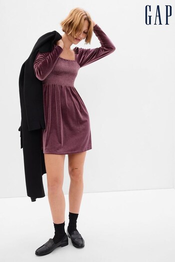 Gap Purple Smocked Velvet Long Sleeve Mini Dress (K27501) | £45