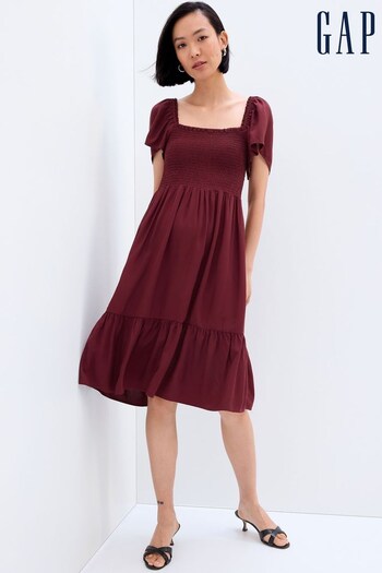 Gap Red Smocked Square Neck Short Sleeve Midi Dress (K27651) | £30