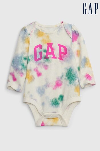Gap White Tie-Dye Splat Print Logo Long Sleeve Baby Bodysuit (K27918) | £8