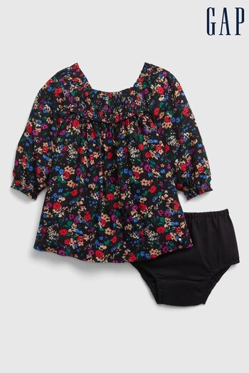 Gap Black and Red Smocked Floral Long Sleeve Round Neck Baby Dress Set (K27925) | £30