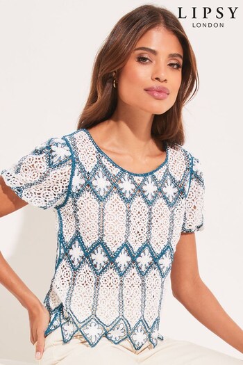 Lipsy Blue Crochet Knit Round Neck Short Sleeve Top (K28073) | £38