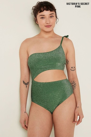 Victoria's Secret PINK Forest Pine Green Shimmer One Shoulder OnePiece Swimsuit (K28575) | £50