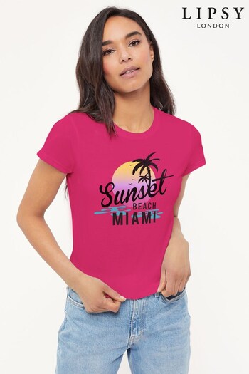 Lipsy Hot Pink Sunset Beach Miami Logo the's T-Shirt (K28739) | £21