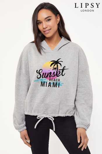 Lipsy Heather Grey Sunset Beach Miami hooded's Cropped Oversize Hoodie (K28744) | £33