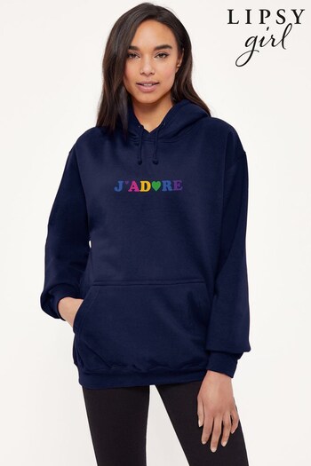 Lipsy Navy Blue J'Adore French Slogan Women's Hooded Sweatshirt (K28792) | £22