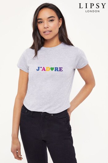 Lipsy Grey Marl J'Adore French Slogan Women's T-Shirt (K28793) | £21