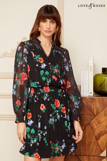 Love & Roses Black Floral Jersey Mix Long Sleeve Mini Dress (K28803) | £50