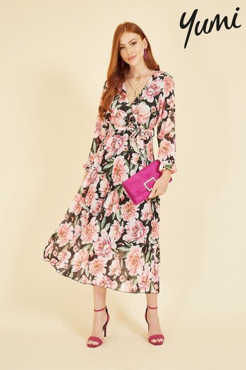 Yumi Black & Pink Multi Rose Print Pleated Midi Dress (K28959) | £60