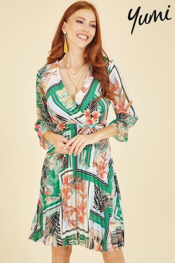 Yumi Green Multi Scarf Print Tropical Pleated Dress with Belt (K28961) | £60