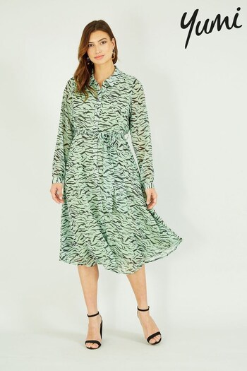 Yumi Green Zebra Print Midi Long Sleeve Shirt Dress (K28971) | £60