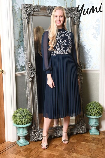 Yumi Blue Long Sleeve Embroidered Midi Dress With Pleats (K28976) | £70