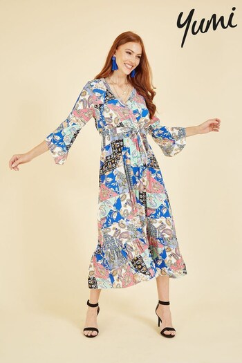 Yumi Blue & Pink Multi Scarf Print Wrap Dress With Fluted Sleeves (K28983) | £60