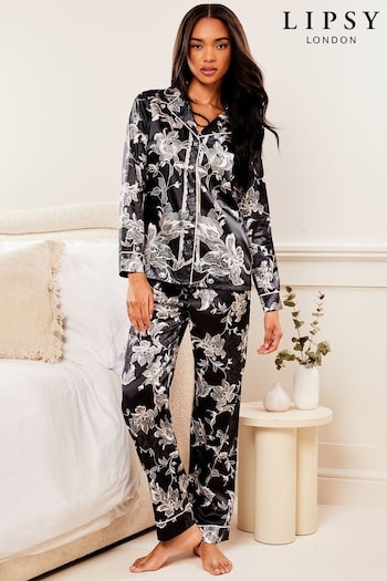 Lipsy Black and White Printed Satin Long Sleeve Shirt and Trousers Pyjamas (K29029) | £42