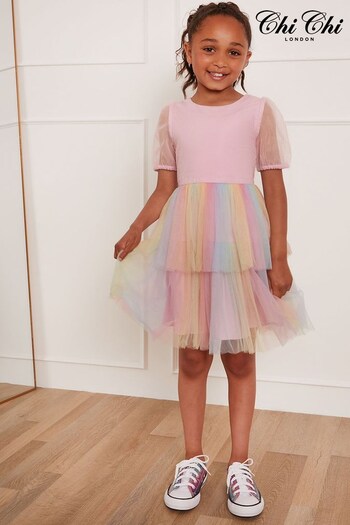 Chi Chi London Pink Multi Puff Sleeve Rainbow Tiered Midi Dress - Younger Girls (K29146) | £58