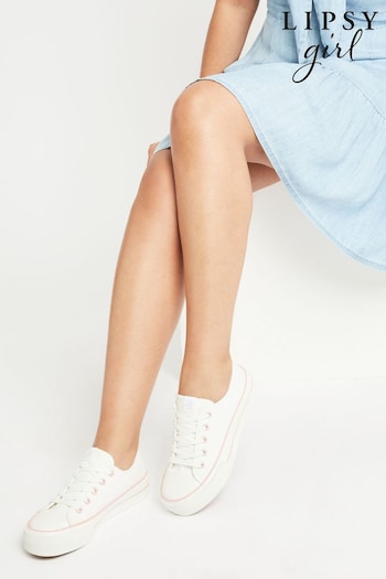 Lipsy Girl White Low Top Lace Up Canvas Flatform Trainers (K29283) | £17 - £21