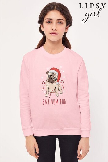 Lipsy Light Pink Pug Christmas Kid's Sweatshirt (K29323) | £23