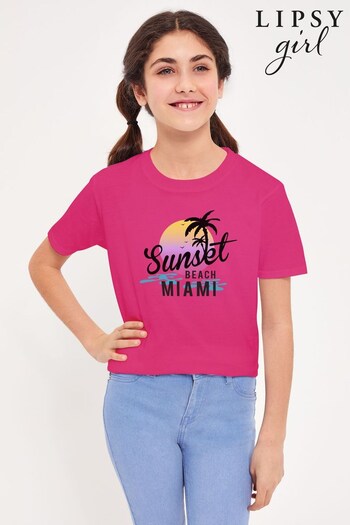 Lipsy Hot Pink Sunset Beach Miami Logo Kid's T-Shirt (K29326) | £18