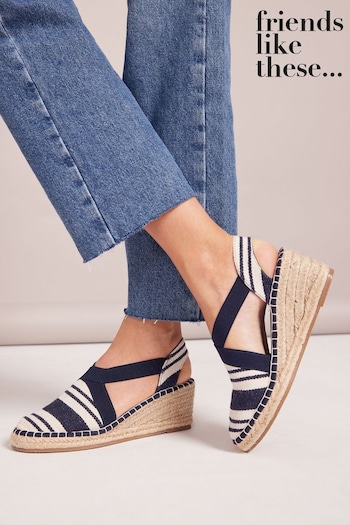 Friends Like These Navy Closed Toe Elastic Espadrille Mid Height Wedge (K29508) | £33