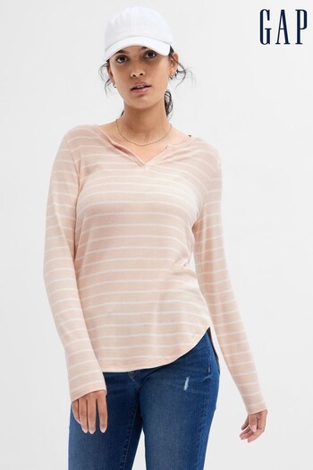 Gap Beige Stripe Print Long Sleeve V Neck T-Shirt (K29620) | £22