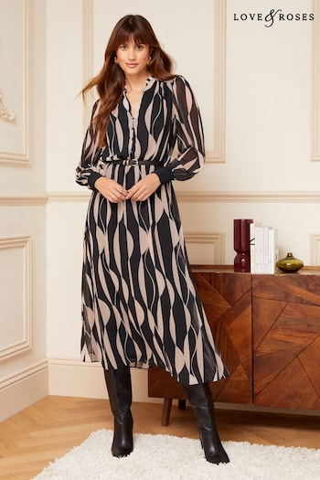 Gifts Under £15 Black Geometric Printed Belted Long Sleeve Midi Dress (K29962) | £72