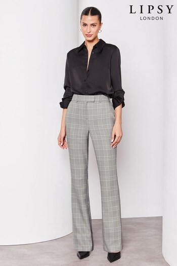 Lipsy Black Grey Check Petite Smart Bootleg Elastic Back Trousers (K29971) | £42