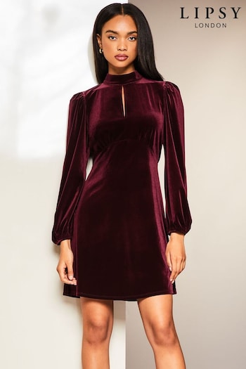 Lipsy Berry Red Velvet Long Sleeve High Neck Key Hole Mini Dress (K30005) | £49