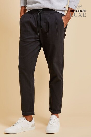 Threadbare Black Luxe Smart Drawstring Cotton Trousers (K30052) | £30