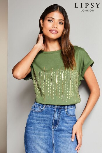 Lipsy Khaki Green Hotfix Round Neck T-Shirt (K30190) | £25