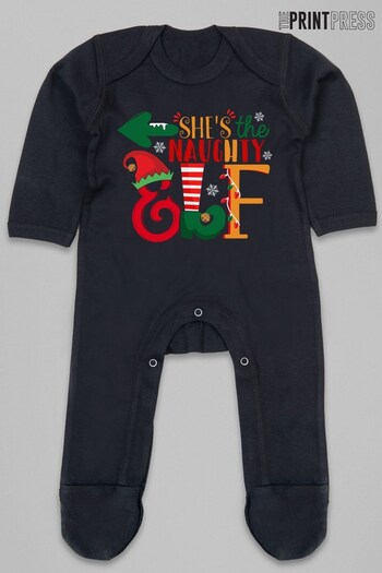 The Print Press Black She's The Naughty Elf Christmas Baby Romper Suit (K30276) | £21