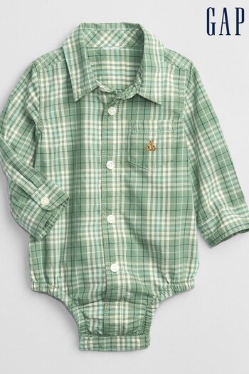 Gap Green Brannan Bear Pocket Long Sleeve Poplin Shirt Baby Bodysuit (K30476) | £18