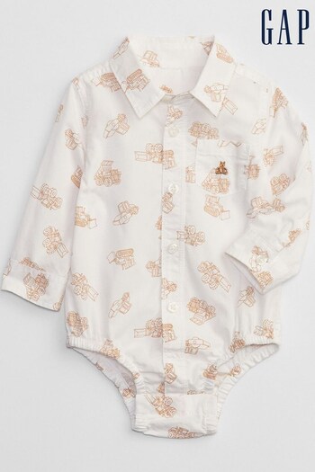 Gap White Brannan Bear Pocket Long Sleeve Poplin Shirt Baby Bodysuit (K30495) | £18