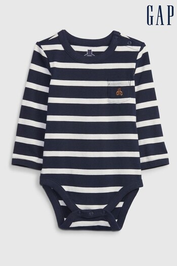 Gap Navy & White Brannan Bear Pocket Stripe Long Sleeve Baby Bodysuit (K30542) | £8