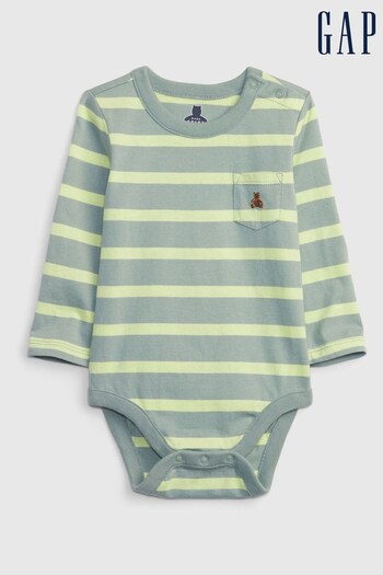 Gap Grey & Yellow Brannan Bear Pocket Stripe Long Sleeve Baby Bodysuit (K30546) | £8