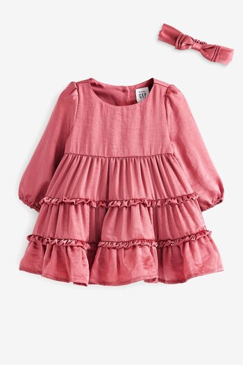 Gap Pink Ruffle Tiered Long Sleeve Round Neck Dress & Headband Set - Baby (K30555) | £30