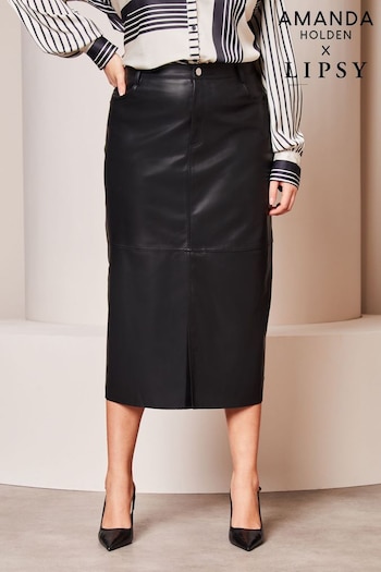 Lipsy Black Curve Faux Leather Split Hem Midi Skirt (K30729) | £46