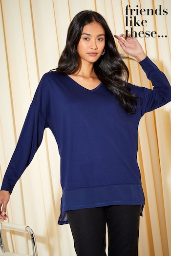 All Womens New In Navy Chiffon Soft Jersey V Neck Long Sleeve Tunic Top (K30799) | £24